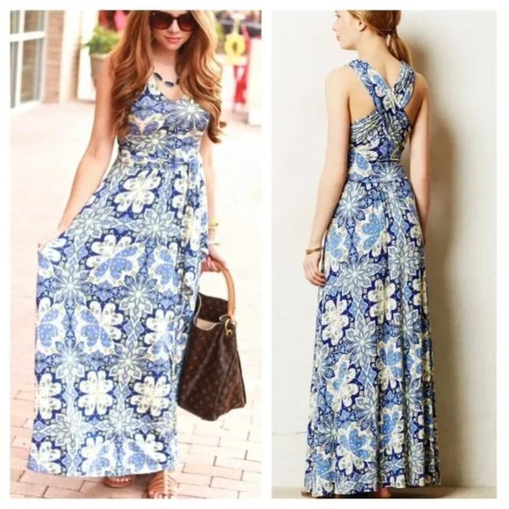 Anthropologie Vanessa Virginia Maxi Dress Blue Floral Sundress Tie Waist Size XS